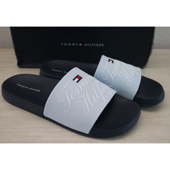 Tommy Hilfiger Women's Sz 9 M Light Blue Logo Dipz Slides Sandals SIB - Picture 1 of 6